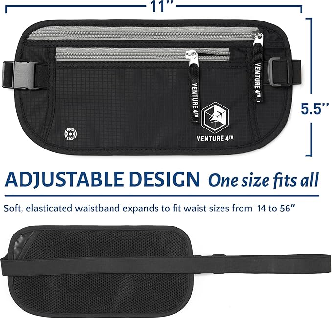 VENTURE 4TH Money Belt for Travel – Hidden Under-Clothes RFID Blocking Passport Holder & Slim Travel Wallet Pouch for Men & Women to Protect Cash, Cards & Documents (Black)
