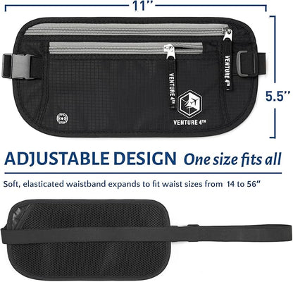 VENTURE 4TH Money Belt for Travel – Hidden Under-Clothes RFID Blocking Passport Holder & Slim Travel Wallet Pouch for Men & Women to Protect Cash, Cards & Documents (Black)