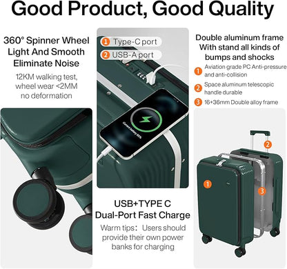 mixi Large Checked Luggage with Cup Phone Holder and Charger Hard Shell Suitcases with Spinner Wheels, 26 Inch Blackish Green