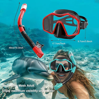 Snorkeling Gear for Adults,Dry-Top Snorkel Mask Set with Tempered Glass,Anti-Fog & Anti-Leak Panoramic Swim Mask,Adjustable Snorkel Kit with Carry Bag for Scuba Diving,Swimming,Travel
