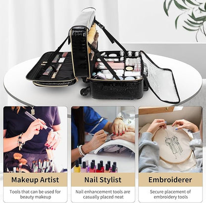 OCHEAL Rolling Makeup Train Case, 18" Carry On Travel Cosmetic Organizer Suitcase,Extra Large Trolley Makeup Storage Case On Wheels,3 Layers with 3pcs Traveling Bags for Hairstylist Cosmetology Artist