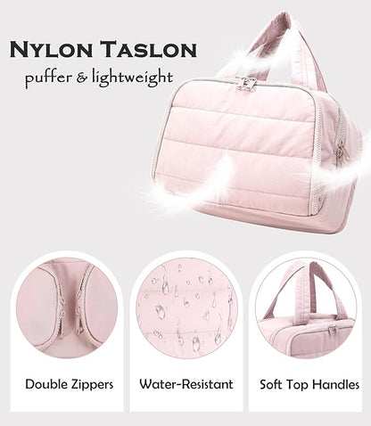 Travel Toiletry Bag for Women, Large Wide-open Puffy Cosmetic Makeup Bag with Wet-Dry Separation, Multi-Pocket Organizer with Carry Handle for Toiletries, Cosmetics, Essentials, Light Pink