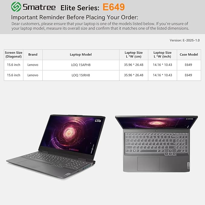 Smatree Laptop Sleeve for 15.6 inch Lenovo LOQ 15APH8/15IRH8 Gaming Laptop, Case with Accessory Pocket, YKK Zipper, Patented Super-Corner Design(E649)
