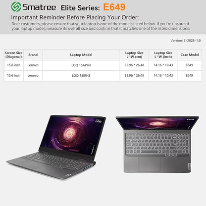 Smatree Laptop Sleeve for 15.6 inch Lenovo LOQ 15APH8/15IRH8 Gaming Laptop, Case with Accessory Pocket, YKK Zipper, Patented Super-Corner Design(E649)