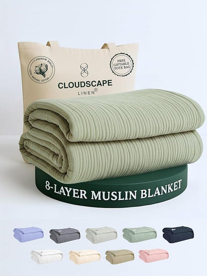 Cloud Scape Linen 100% Cotton 8 Layer Twin Size Muslin Blanket - Breatheable and Soft Winter Blanket for Bed, Couch and Sofa, Oversized Fits up to Twin XL, Best Gift Idea, 68x92, Sage Green