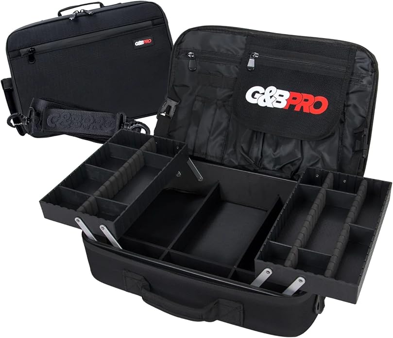 G&BPRO Crossbody Briefcase with Extending Tray System | All-in-One Mobile Workstation Laptop Travel Bag with Expandable Storage & Organizer Compartments - Black/Leather With Black Zipper