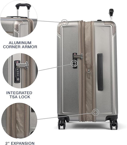 Travelpro Platinum Elite Hardside Expandable Checked Luggage, 8 Wheel Spinner, TSA Lock, Hard Shell Polycarbonate Suitcase, Metallic Sand, Checked Medium 25-Inch