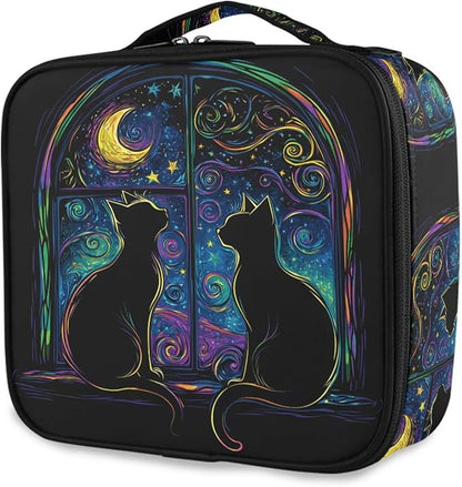 MNSRUU Travel Makeup Bag, Two Black Cats in A Window Women Makeup Case Organizer Cosmetic Toiletry Bag for Teenage Girl with Adjustable Dividers