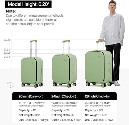 mixi 24 Inch Checked Luggage PC Hard Shell Suitcase Top Opening Aluminum Frame Travel Suitcases with Wheels, Avocado Green