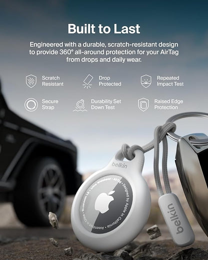 Belkin Apple Airtag Secure Holder With Strap - Apple Air Tag Keychain - Airtag Holder With Strap For Key Ring - Airtag Keychain Accessories - Scratch Resistant Airtag Case With Raised Edges - White