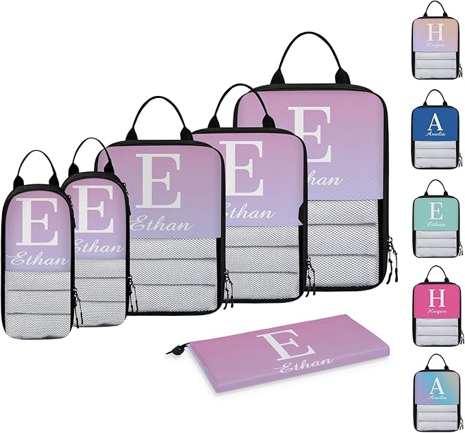 Custom 6 Set Compression Packing Cubes with Name Initial Personalized Compressible Expandable Packing Organizers Luggage Carry On Suitcase Bags Travel Accessories Gifts, Blue Pink