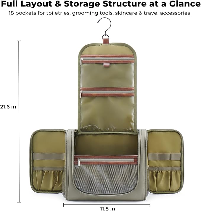 Large Hanging Toiletry Bag for Men, Travel Bathroom Bag with Hook, Hygiene Bag Organizer for Shower, Shaving & Grooming Essentials, Green