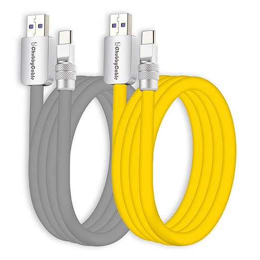 chubbycable Couple Chubby 2-Pack 120W USB C Cable Extra Thick Silicone Fast Charging Cable Compatible with iPhone 17-15 Series iPad Galaxy Series, Gray+Yellow, USB-A to Type-C, 19.6FT