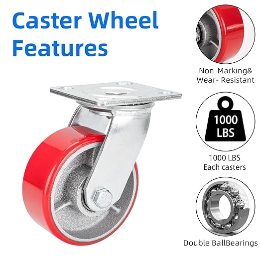 Nefish 5 Inch Industrial Grade Casters Wheels, 2 Pack Heavy Duty Swivel Casters, No Noise Polyurethane Wheel on Steel Hub, 1000 Lbs Load Capacity Per Swivel Casters for Machine, Equipment