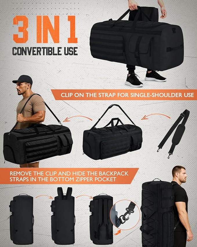 Gonex 130L Extra Large Duffel Bag for Men, Heavy Duty 3 in 1 Convertible Carry Travel Duffle, with Shoe Compartment, Tactical Loops, Sports Gear Bag for Family Trips (Black)