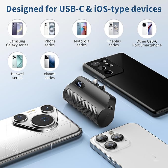 Portable Charger 5000mAh Dual USB C and iOS-Type Connector, Ultra-Compact 20W PD Fast Charging Power Bank for Phone 17/16/15/14/13 Plus,Pro Max, Pad, Samsung Galaxy S25 S24 S23 Android (Black)