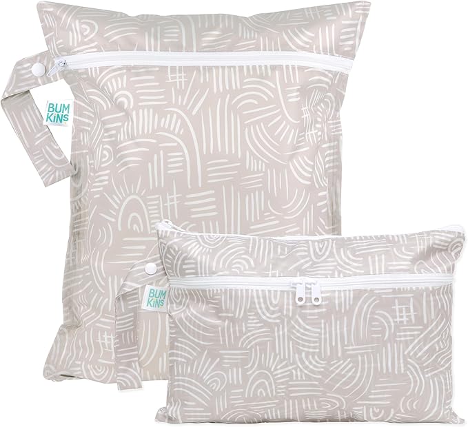 Bumkins - Waterproof Wet Bag & Wet/Dry Clutch Bags - For Beach, Baby, Travel, Swim Suit, Cloth Diapers, Pump Parts, Pool, Gym, Toiletries - Reusable & Easy to Clean - Boho Beige - 2 Pack