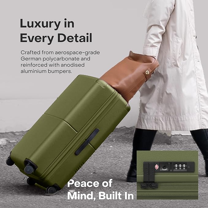 Checked Plus Expandable - 28.75" Airline Approved Check In Luggage with Wheels, Rolling Suitcase for Men & Women - TSA Lock, Silent Spinner Wheels, Expansion Zip, Y-Strap - Moss