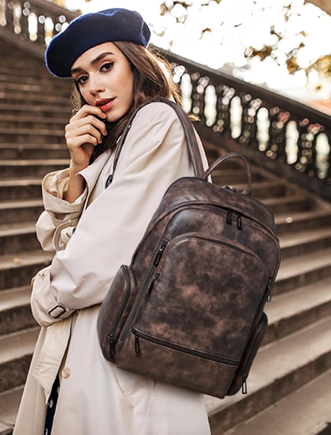 Leather Backpack for Women, Fits 15.6 Inch Laptop, Soft Vegan Leather Backpack for Travel and Daily Use, Coffee