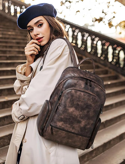 Leather Backpack for Women, Fits 15.6 Inch Laptop, Soft Vegan Leather Backpack for Travel and Daily Use, Coffee