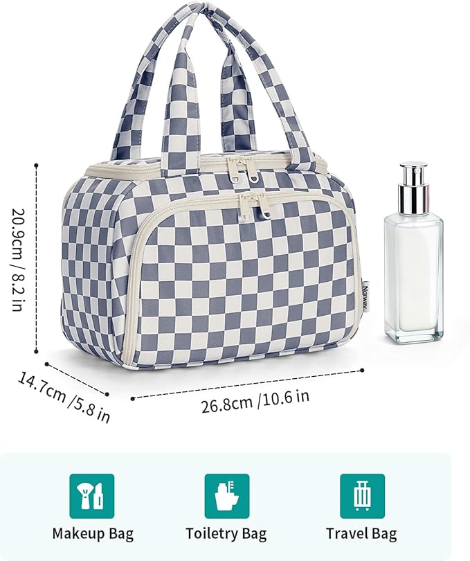 Narwey Large Travel Toiletry Bag, Wide-open Travel Bag for Toiletries, Toiletry Bags for Traveling Women,Cosmetic Make Up Makeup Bag Organizer with Wet Pocket, Skincare Bag (Greyish Blue Checkerboard)