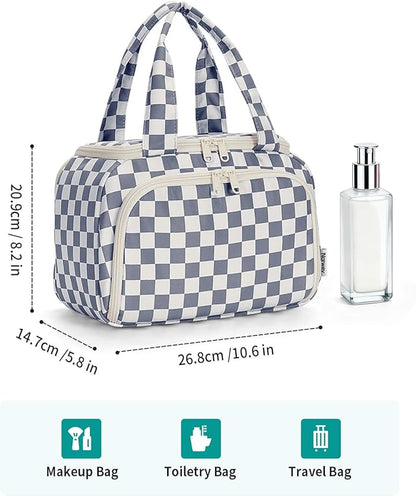 Narwey Large Travel Toiletry Bag, Wide-open Travel Bag for Toiletries, Toiletry Bags for Traveling Women,Cosmetic Make Up Makeup Bag Organizer with Wet Pocket, Skincare Bag (Greyish Blue Checkerboard)