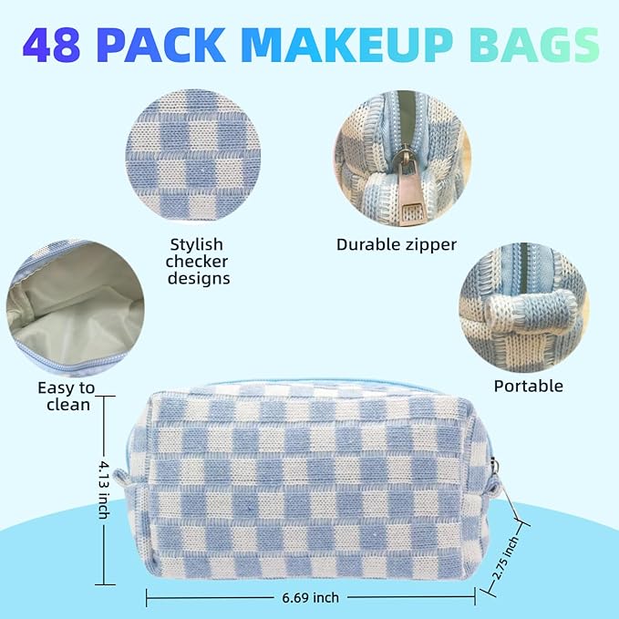 48 PACK Checkered Makeup Bag- Bulk Bridesmaid Proposal Gifts Makeup Pouch for Wedding Party Favors Bachelorette Party Decorations Toiletry Organizer Bag Cosmetic Case Gift (Blue)