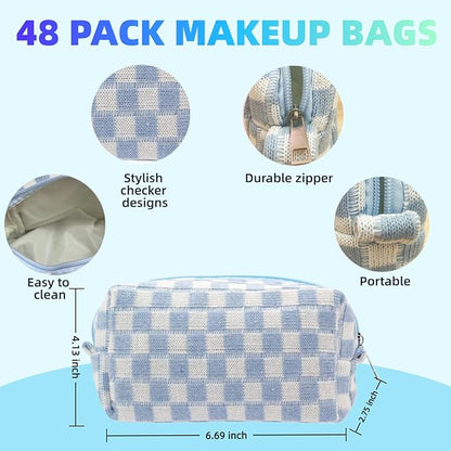 48 PACK Checkered Makeup Bag- Bulk Bridesmaid Proposal Gifts Makeup Pouch for Wedding Party Favors Bachelorette Party Decorations Toiletry Organizer Bag Cosmetic Case Gift (Blue)