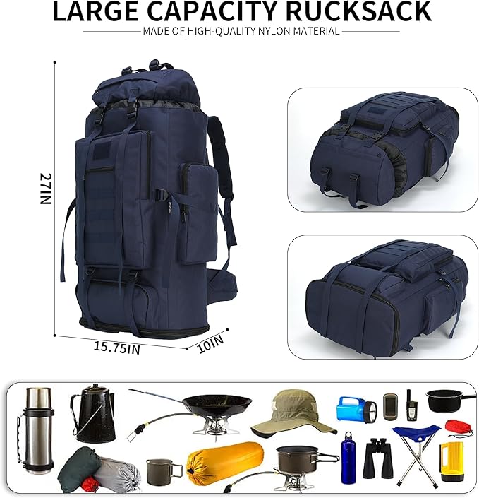 100L Hiking Camping Backpack MOLLE Rucksack Waterproof Daypack (Blue)