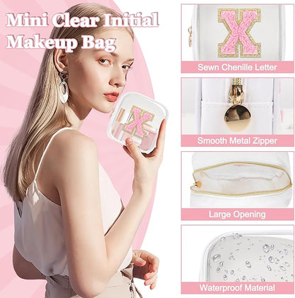 Iqimott Mini Clear Personalized Initial Makeup Bag, Small Preppy A-Z Chenille Letter Patch Cosmetic Pouch, Transparent PVC & Nylon Waterproof Zip Beach Toiletry Bag,Gift for Women Girls(White-Pink X)