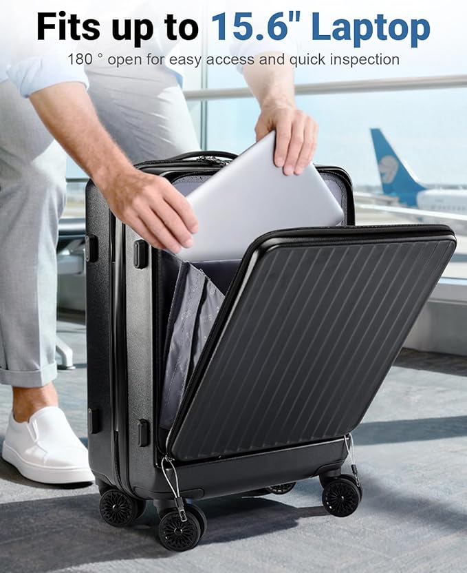 Lekebobor Carry On Luggage 22x14x9 Airline Approved, 20 Inch Hard Shell Suitcase with TSA Lock, Front Pocket & Spinner Wheels for Business Travel, Black