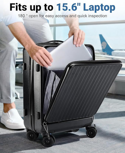 Lekebobor Carry On Luggage 22x14x9 Airline Approved, 20 Inch Hard Shell Suitcase with TSA Lock, Front Pocket & Spinner Wheels for Business Travel, Black