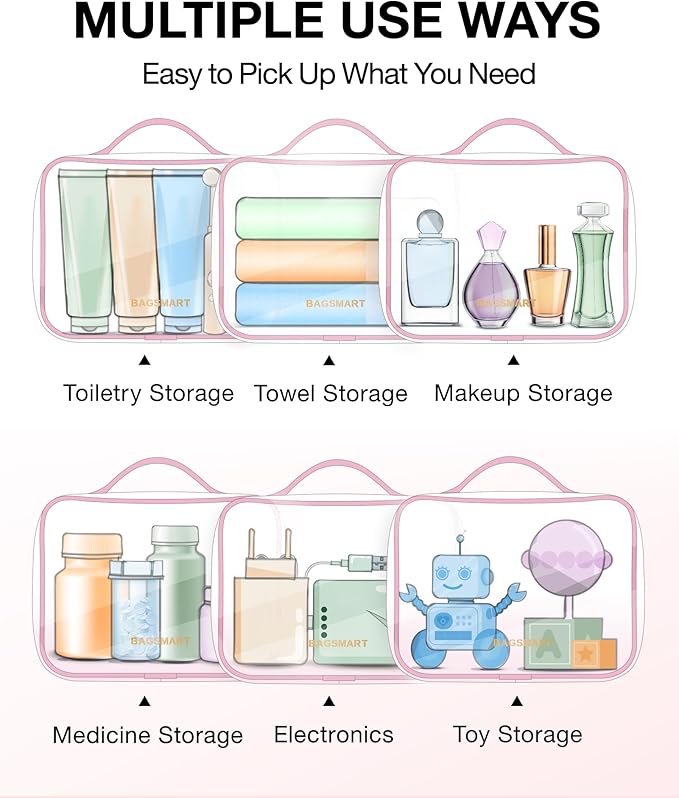 BAGSMART Clear Toiletry Bag, TSA Approved Travel Toiletry Bag Carry On Travel Accessories Bag Airport Airline Quart Size Bags water-resistant Makeup Bag for Women