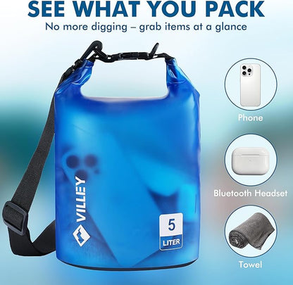 VILLEY Dry Bag Waterproof 5L Roll Top Sack Keeps Gear Dry Lightweight Sack for Kayaking Boating Camping Swimming and Beach Adventures Blue Transparent