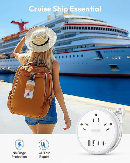 NTONPOWER Travel Power Strip, Travel Essentials, Cruise Essentials 3 Outlets 4 USB Ports(2 USB C), 4FT Wrapped Around Extension Cord for Travel Cruise Ship Beach Vacation Essentials White