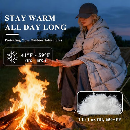 MOOX Down Camping Blanket Packable Backpacking Camping Quilt Outdoor Lightweight Warm Water Resistant Puffy Sleeping Bag Travel Hiking 55"x79" Waterproof Camp Throw Blanket, Gray Blue