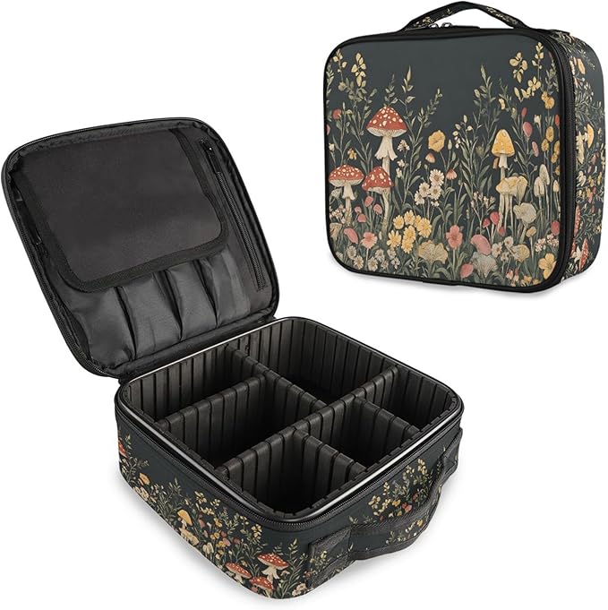 MNSRUU Travel Makeup Bag, Vintage Wildflower Mushrooms Women Makeup Case Organizer Cosmetic Toiletry Bag for Teenage Girl with Adjustable Dividers