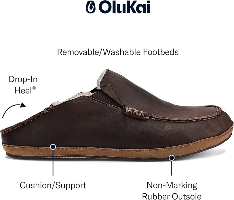 OLUKAI Moloa Slipper, Men's Premium Leather Slip-On Shoes, Soft Genuine Shearling Lining & Gel Insert, Drop-In Heel & All-Day Comfort