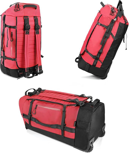 CONTAIL 86L Wheeled Duffel Bag, Soft Shell with Adjustable Web Handles, Carry On Size 29.5x14.2x12.6in, Foldable with Dual Wheels & Shoe Compartment,Red