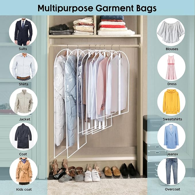 Garment Bags for Hanging Clothes, SMINDER Clear Plastic Bags Full Zipper Suit Bags PEVA Breathable Lightweight Garment Covers for Closet Storage, Suitable for Shirts, Jackets, Gowns (24" x 50"/8 Pack)