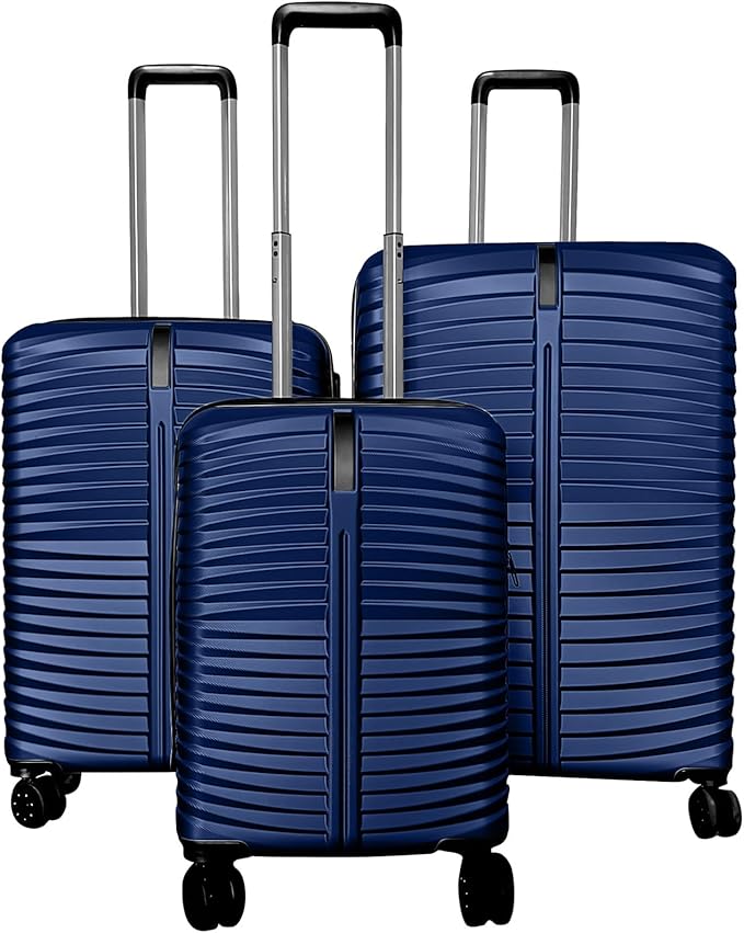 GYMAX Luggage Sets 3 Pieces Hardside Suitcase with Spinner Wheels & Lock, 20” Carry On, 24” & 28” Checked Luggage Set, Lightweight Portable for Travel, Business (Navy,Pin Stripe)
