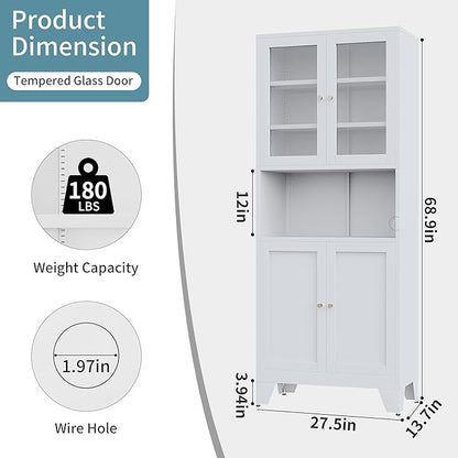 69" Tall Modern Metal Pantry Cabinet with Microwave Stand, Freestanding Linen Cabinet for Bathroom, Kitchen, Dining & Living Room, Kitchen Hutch & Coffee Bar(Glass)