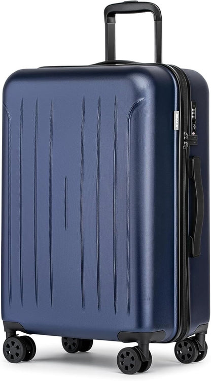 KYME 24-Inch Medium Luggage with Dual 360° Spinner Wheels Hardshell Checked TSA Approved Suitcase for Lightweight Travel (Navy Blue, 24" Checked)