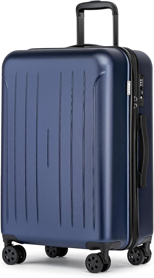 KYME 24-Inch Medium Luggage with Dual 360° Spinner Wheels Hardshell Checked TSA Approved Suitcase for Lightweight Travel (Navy Blue, 24" Checked)