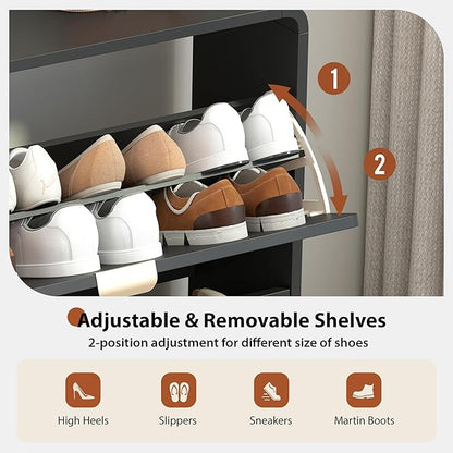 Modern Slim Shoe Storage Cabinet with 2 Flip Drawer Arched Fluted Pattern, Mid-Century Hidden Narrow Curved Corner Shoe Organizer for Entryway,Living Room (Black,with Divider)