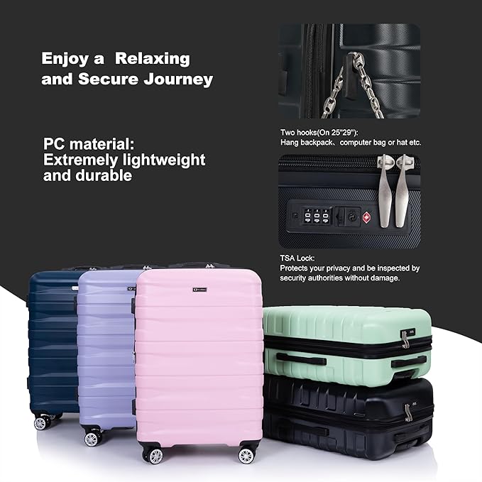 Luggage sets 5 Piece Expandable Hardside Suitcase Set with Spinner Wheels, Lightweight PC Travel Luggage set with TSA Lock（21/25/29, Black