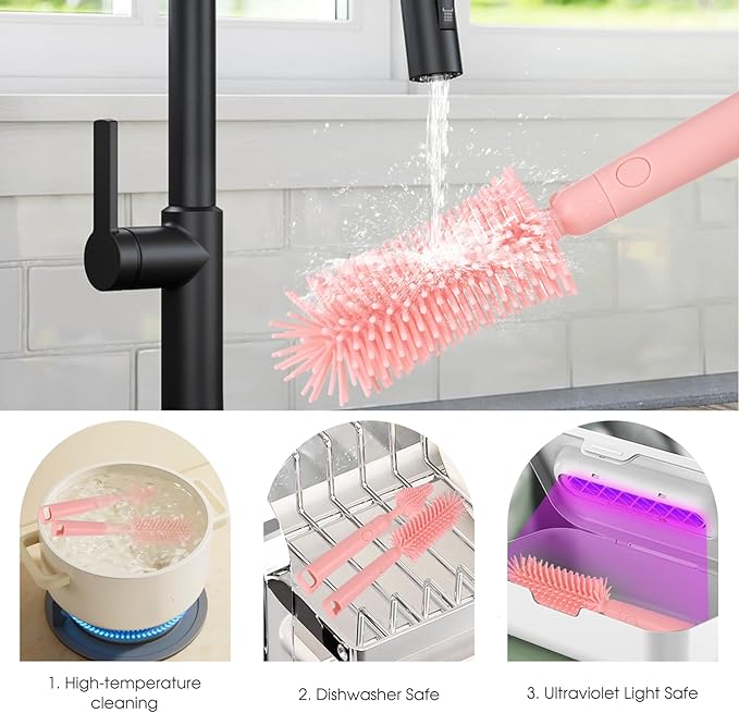 Portable 7-in-1 Baby Bottle Brush Set, Travel Cleaner Kit for Travel and Home, All-in-One Travel Baby Bottle Washing Kit: Integrated Cleaning & Drying System for Bottles and Breast Pump Parts (Pink)
