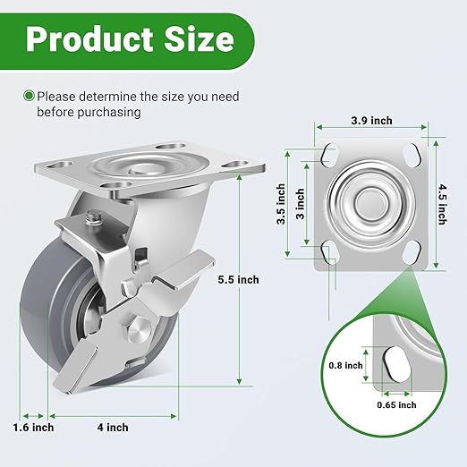 Nefish 4 Inch Heavy Duty Casters Wheels, Industrial Grade Thermoplastic Rubber Casters with Brake 2500 LBS, Ball Bearing Plate Swivel Castors Set of 4, Casters Wheels for Furniture, Cabinet, Table