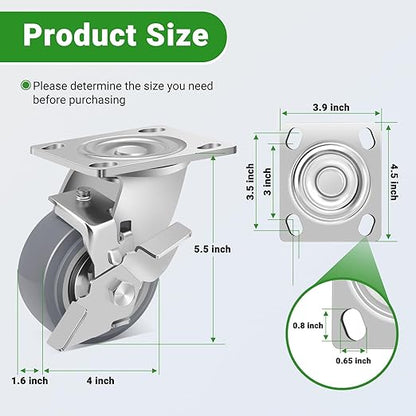 Nefish 4 Inch Heavy Duty Casters Wheels, Industrial Grade Thermoplastic Rubber Casters with Brake 2500 LBS, Ball Bearing Plate Swivel Castors Set of 4, Casters Wheels for Furniture, Cabinet, Table
