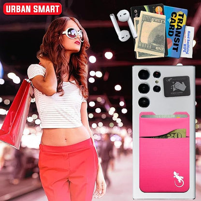Gecko Travel Tech Double Pocket - Adhesive Card Holder - Cell Phone Pouch - Stick on Spandex Pocket - Carry Credit Cards and Cash (PINK-WHITE)